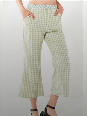 Urban Outfitters Light Green Gingham Boot-Cut Crop Pants